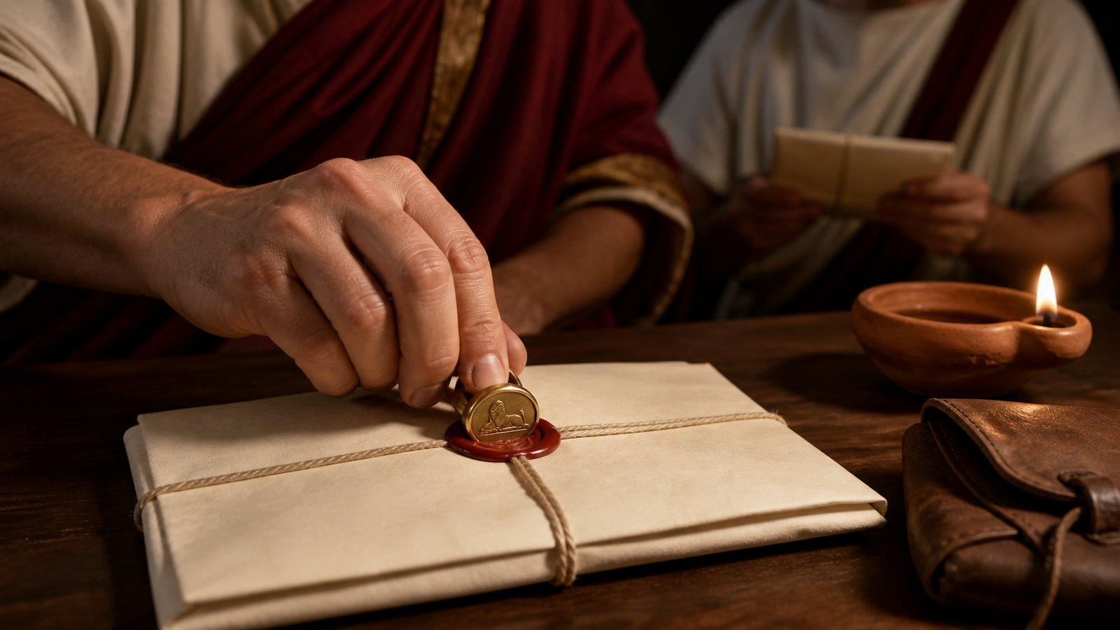 At a Roman writing table, Augustus presses a small sphinx-engraved signet into fresh wax beside a folded letter while secretaries watch the impression.
