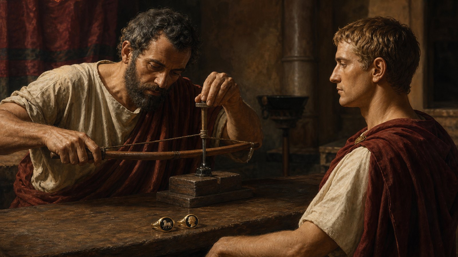 A gem-cutter named Dioscurides studies Augustus in profile and cuts a clean portrait into a tiny ring stone beside two retired signets showing a sphinx and Alexander.