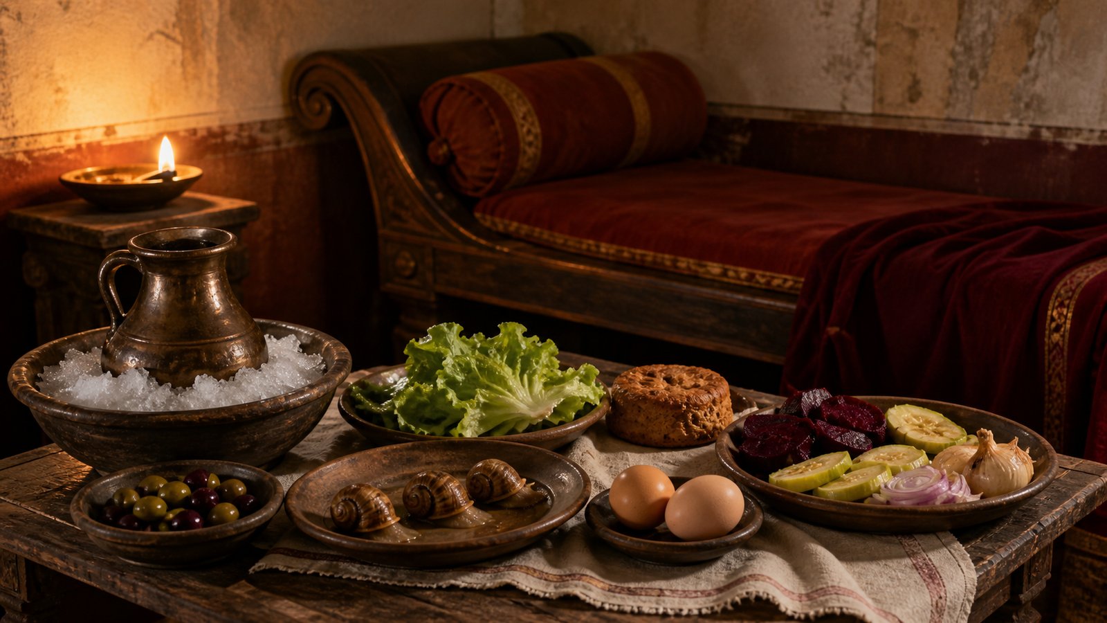 A vertical cinematic Roman dining-room scene at evening: Pliny the Younger, shown as a non-famous historically plausible Roman host with no recognizable modern likeness, stands beside one conspicuously empty reclining dinner couch, a modest carefully set table holds plain lettuce, three snails, two eggs, olives, beets, gourds and onions, warm oil-lamp light, a reader and lyre player waiting in the background, realistic oil-painting, no text, no inscriptions, no watermark, no modern objects.