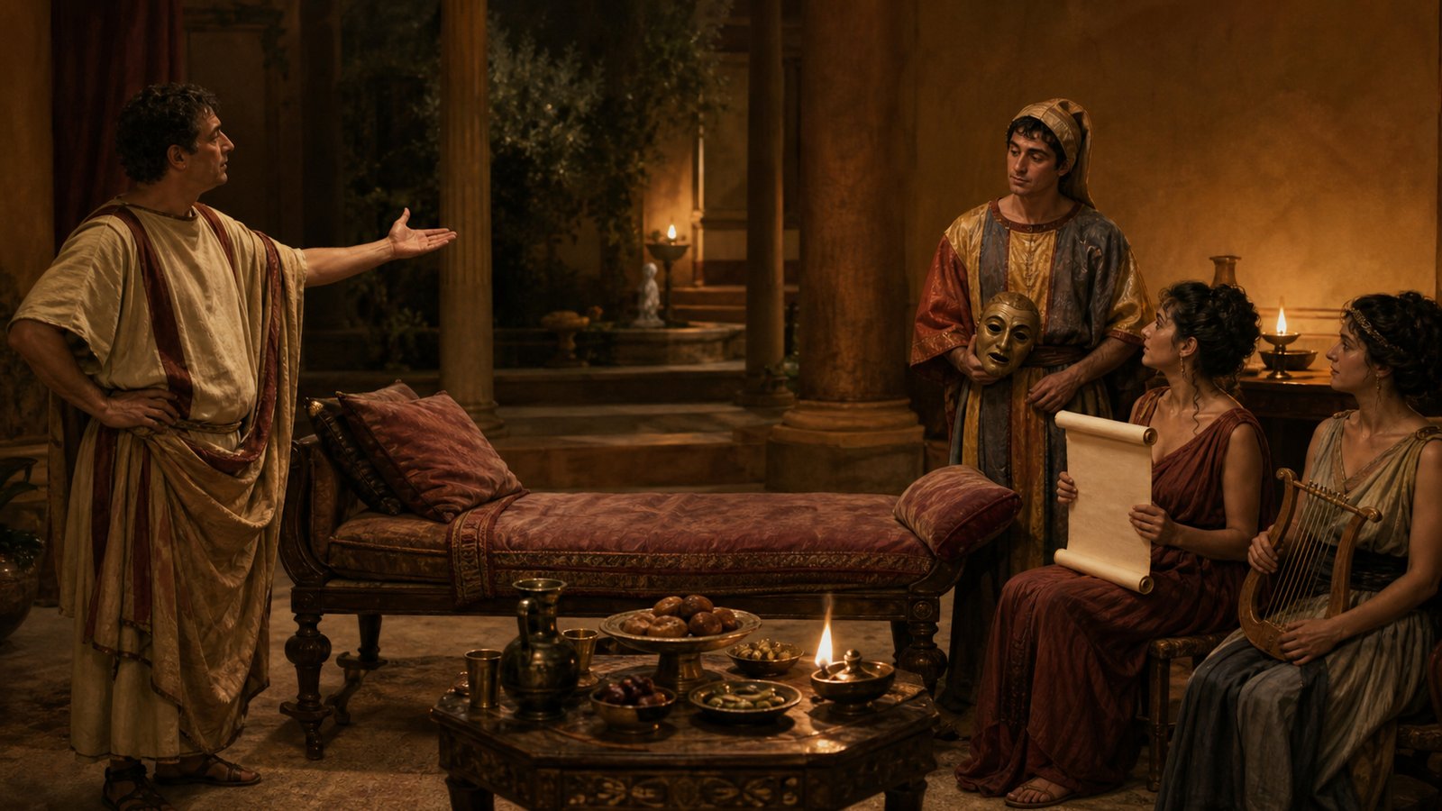 A wide cinematic close view of a modest Roman dinner laid for an absent guest: one empty couch beside a low table with a single lettuce portion, exactly three edible snails on a plain dish, exactly two eggs, olives, beets, sliced gourd and onions, a small vessel of honeyed wine cooled beside a bowl of snow, tactile pottery and linen, evening lamplight, realistic oil-painting, no text, no pseudo-inscriptions, no watermark.