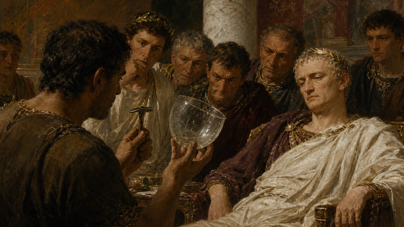 Petronius says the vessel dented like bronze and the craftsman beat it back into shape with a small hammer.