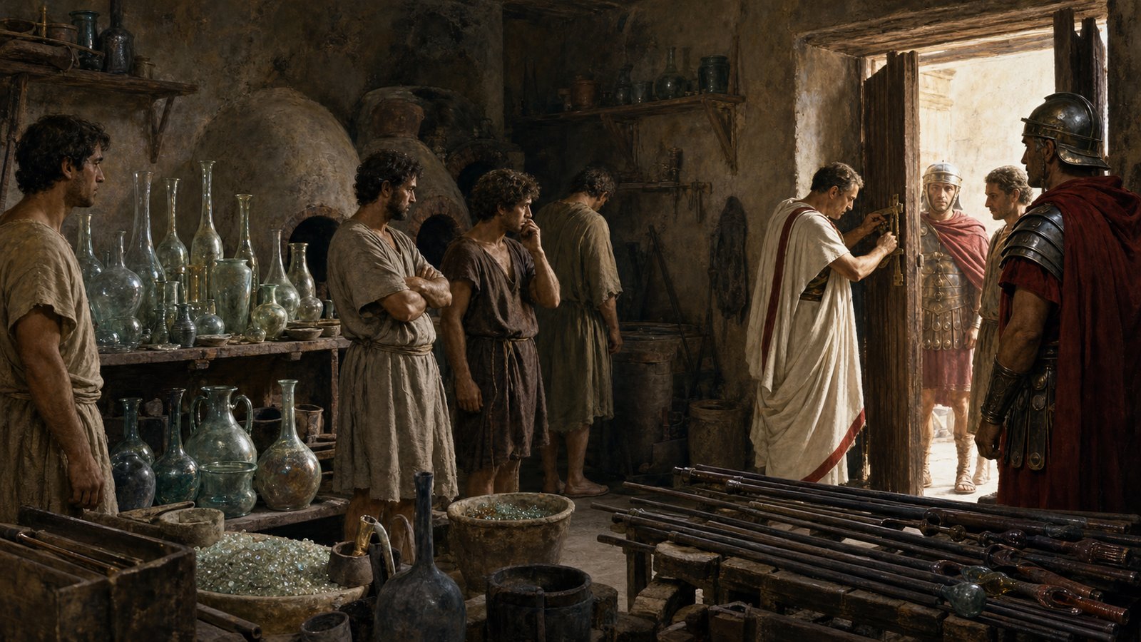 Pliny preserves only the core report: flexible glass appeared under Tiberius, and its workshop was completely destroyed.