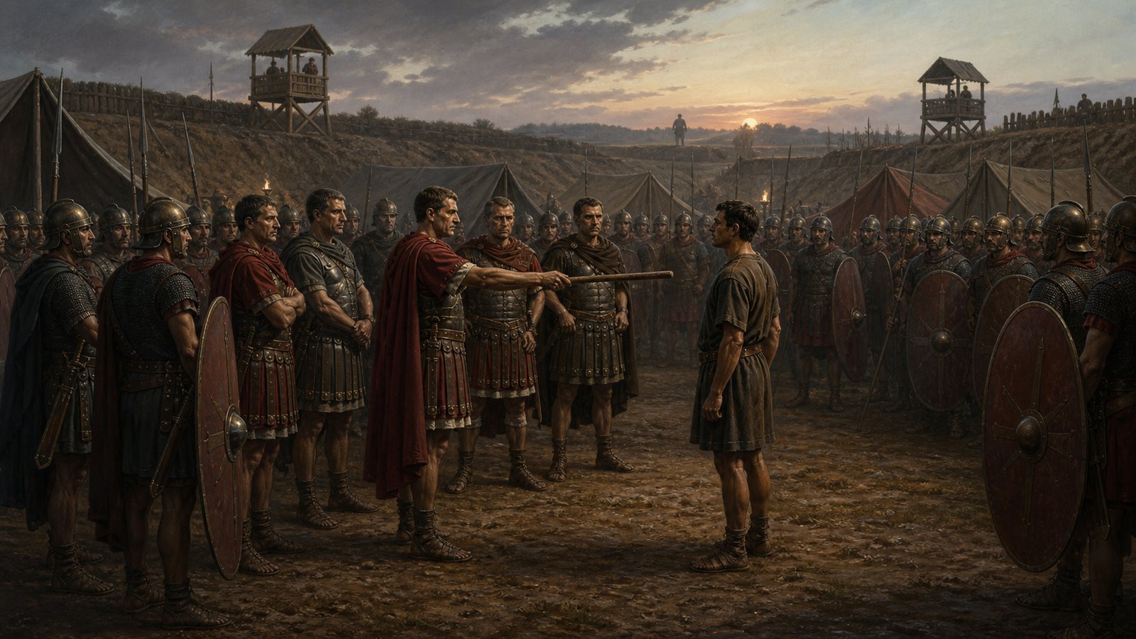At a Roman camp tribunal, military tribunes confront a sentry accused after a failed night watch while patrol witnesses and assembled soldiers observe.