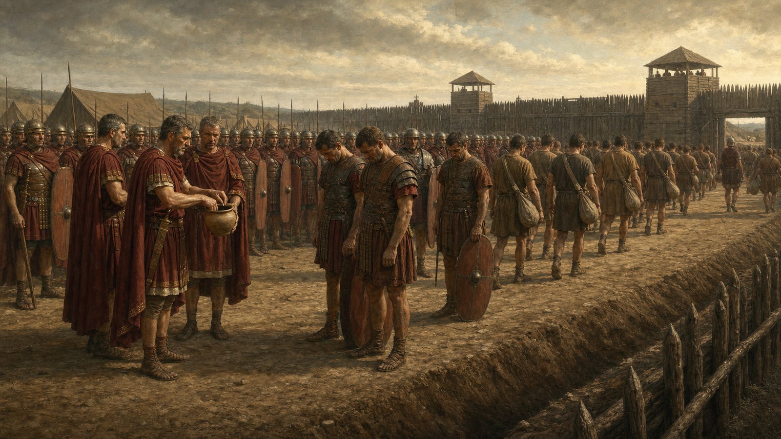 Before the assembled legion, lots are drawn after collective retreat; some soldiers face the fatal selection while others receive barley and exclusion beyond the camp ditch.