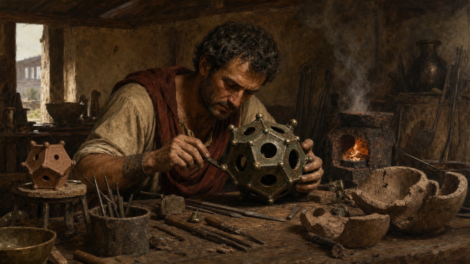 A Roman bronze worker finishes the unequal openings and corner knobs of a hollow dodecahedron.