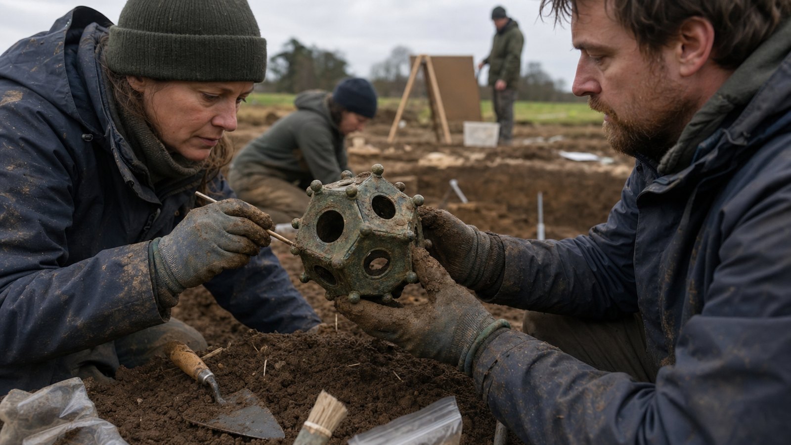 Excavators lift a complete twelve-faced bronze object from a documented Roman layer in Lincolnshire.