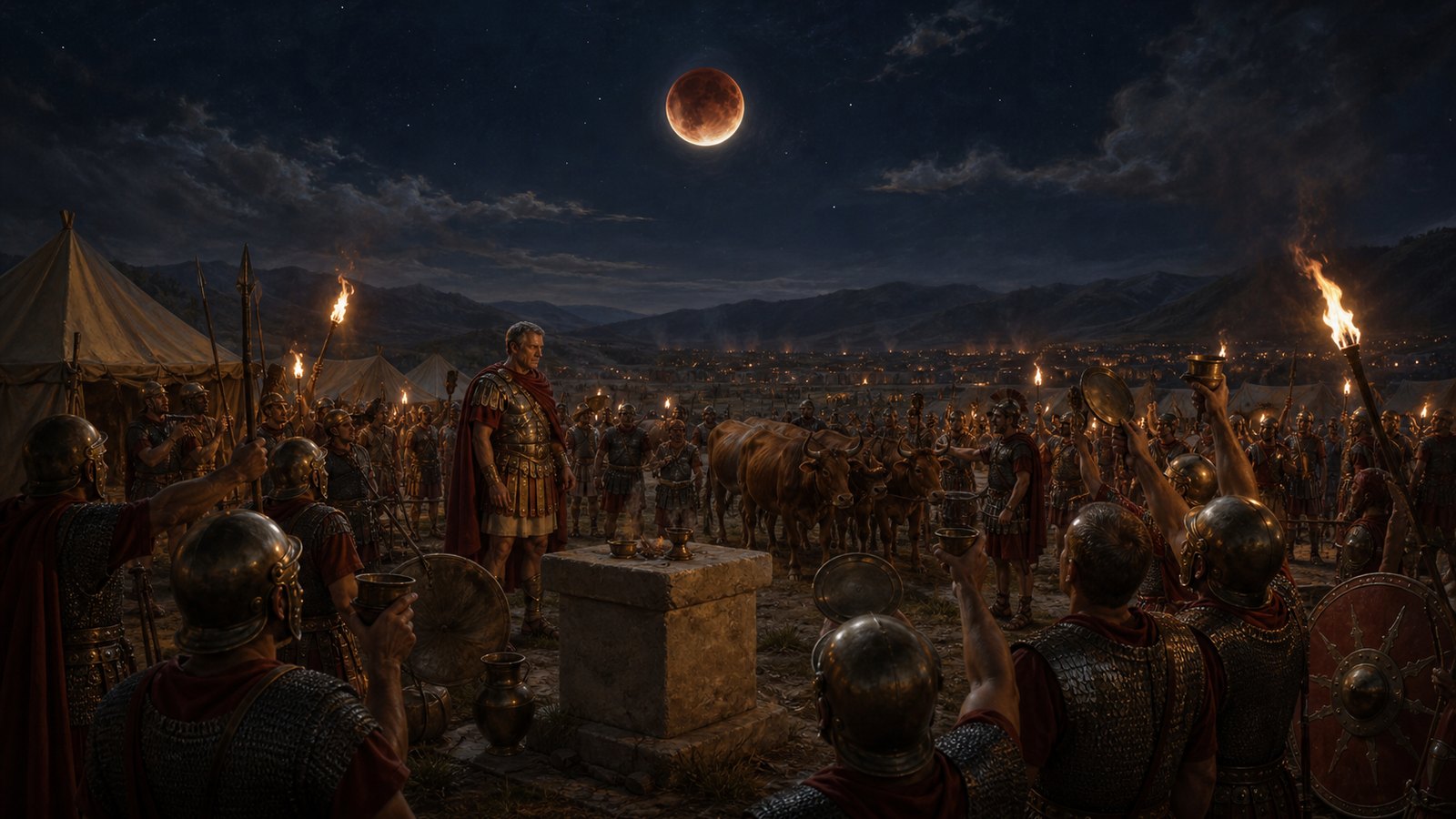 A vertical cinematic night scene in the Roman camp before Pydna: a full moon is visibly darkened by a lunar eclipse above rows of generic legionaries clashing plain bronze pans and lifting torches and firebrands, while the older commander Aemilius Paullus watches calmly near a simple field altar; distant Macedonian campfires lie across the plain, historically plausible arms without insignia, dramatic realistic oil-painting, no text, no standards with lettering, no watermark.