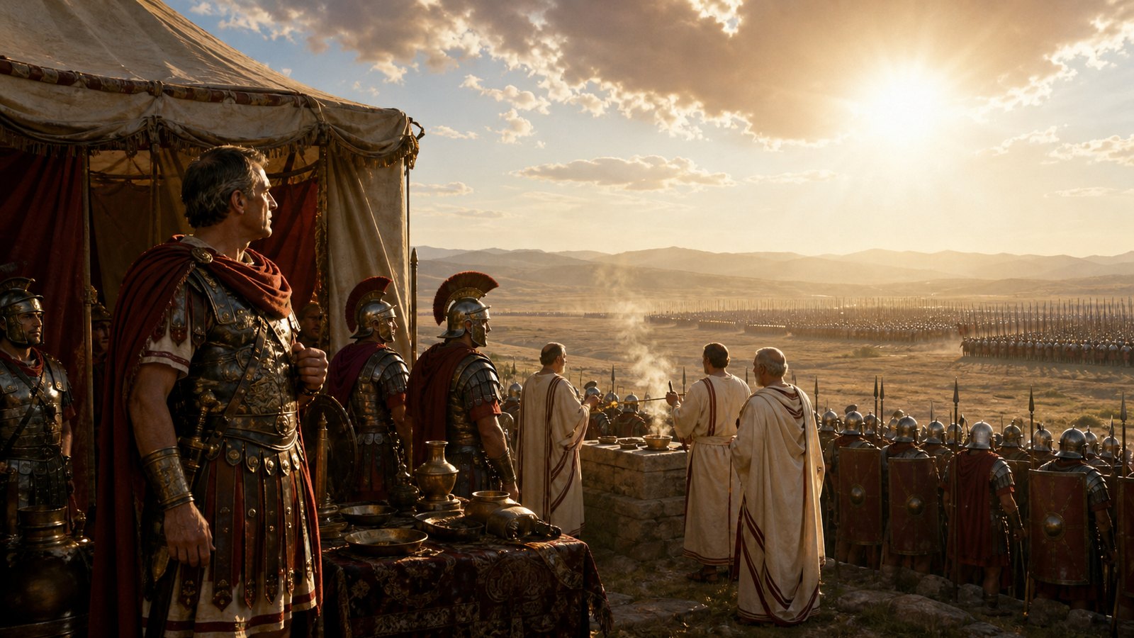A wide cinematic Roman camp beneath a total lunar eclipse before Pydna: generic soldiers clash bronze vessels and raise torches toward the dark copper-colored moon, contrasting fear and disciplined attention; Aemilius stands beside an altar with cattle waiting in the middle distance, mountains and the enemy camp beyond, historically plausible equipment, realistic oil-painting, no text, no pseudo-inscriptions, no logos, no watermark.