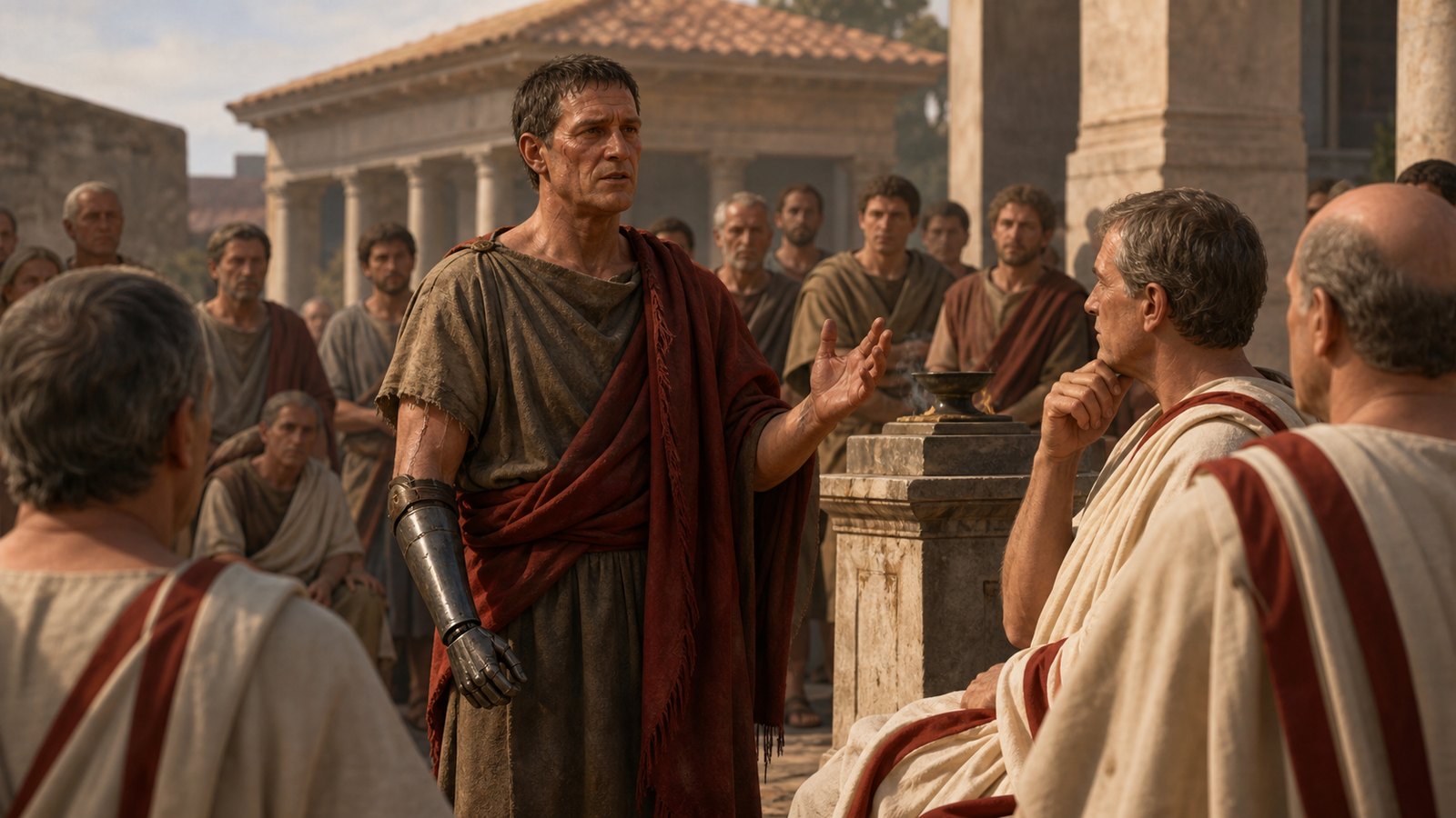 A one-handed Roman veteran addresses a civic gathering with his plain iron replacement visible, turning bodily injury into evidence of public service.