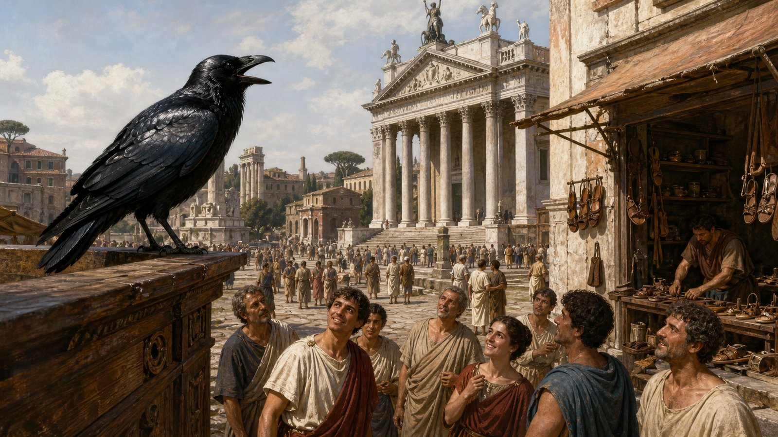 Pliny says the trained raven flew from a shoemaker's shop to the Rostra every morning and greeted Rome's rulers and people.