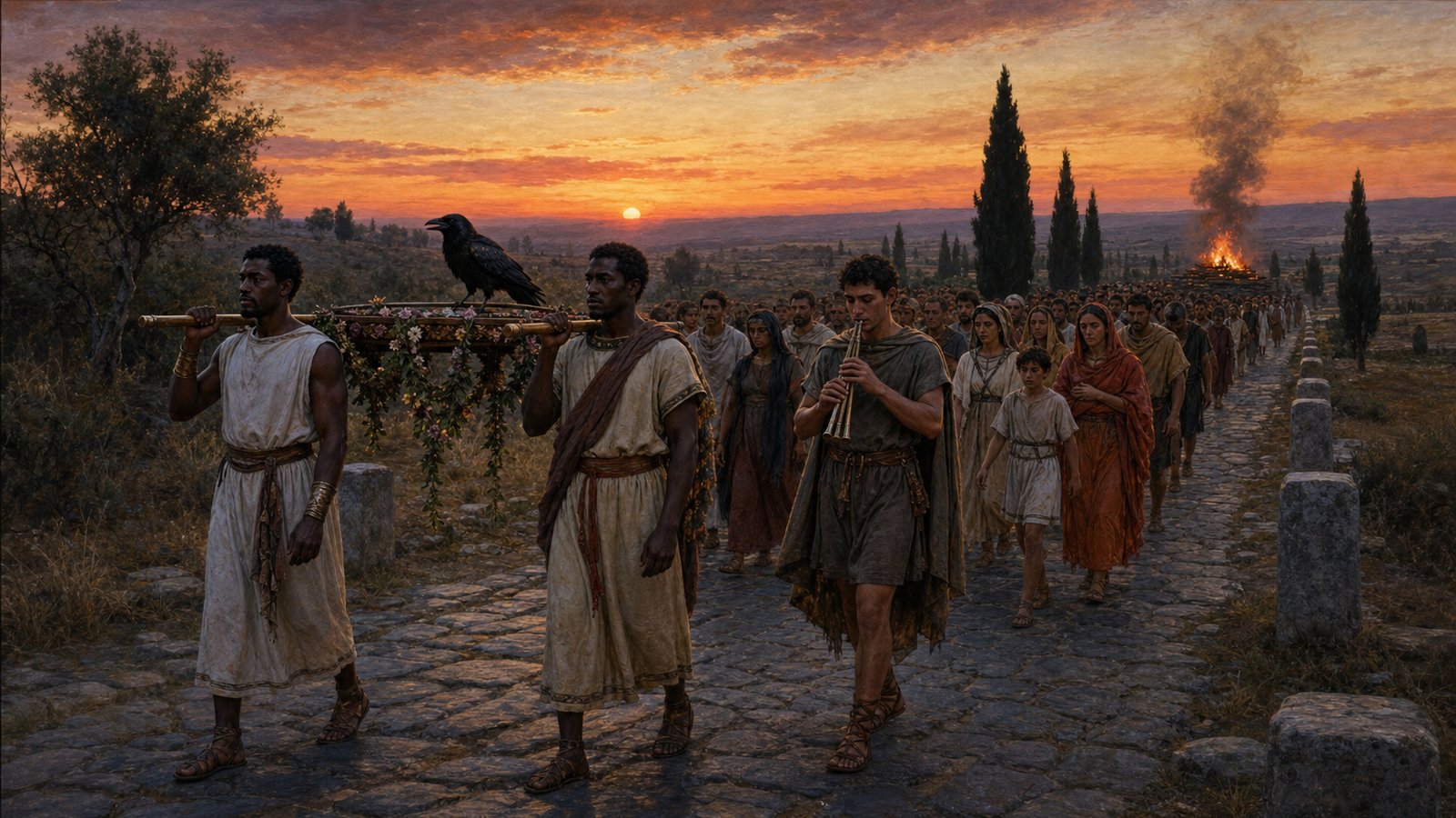 Two bearers, a piper and garlands carried the raven to a pyre beside the Appian Way at the second milestone.