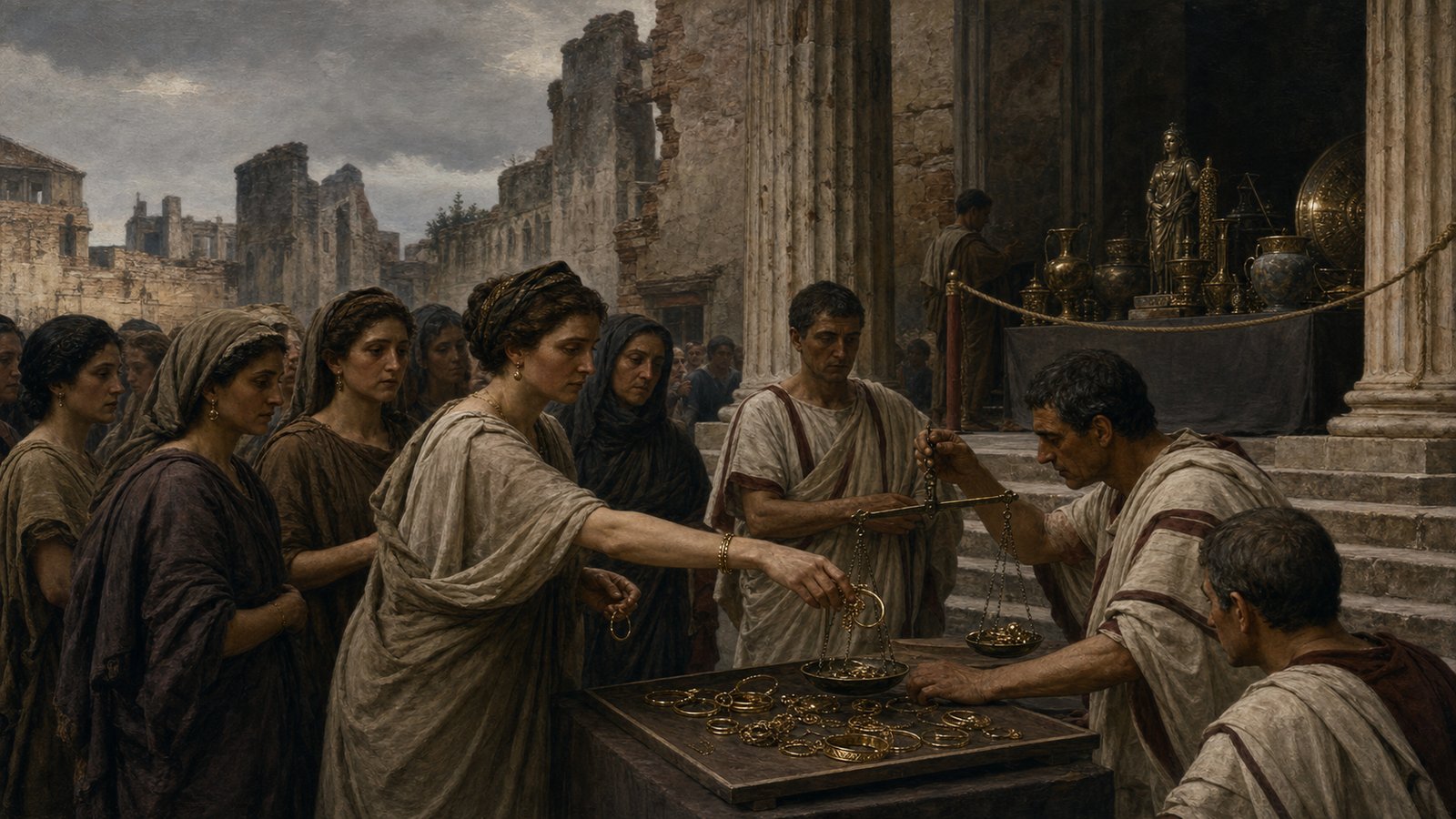 In a sober reconstruction of early Republican Rome after crisis, a group of Roman matrons place plain gold bracelets and necklaces onto a civic weighing table before seated magistrates; damaged masonry in the distance, no readable writing, no coins with text, no famous faces.