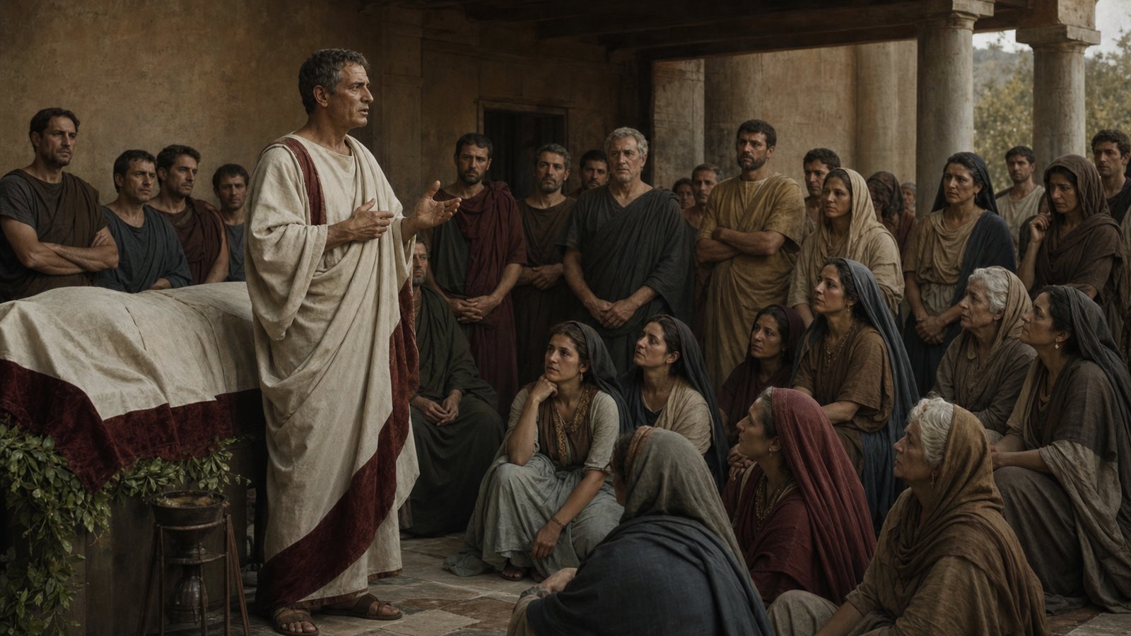 Inside an austere Roman memorial gathering, an orator addresses citizens beside a respectfully shrouded bier while women of several ages listen from the front; early Republican atmosphere, restrained clothing and gesture, no inscriptions, no recognizable historical likenesses.