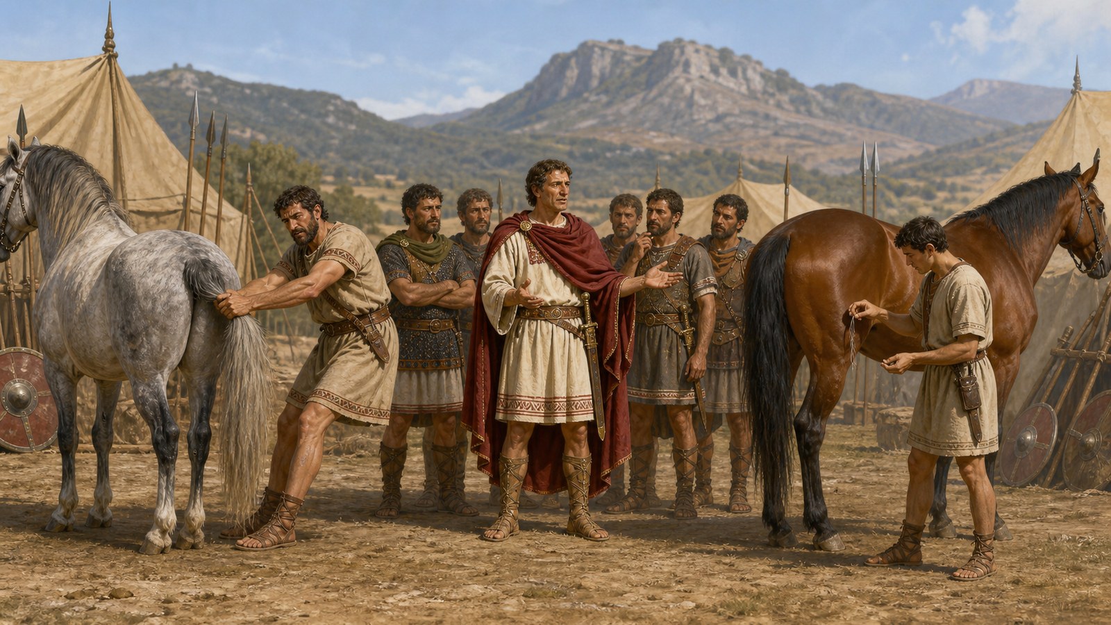 In a sunlit ancient Iberian military camp, the adult commander Sertorius stands before assembled generic allied soldiers as a large strong horse with a thick natural tail and a smaller old horse are calmly held by attendants; two adult demonstrators wait beside them.