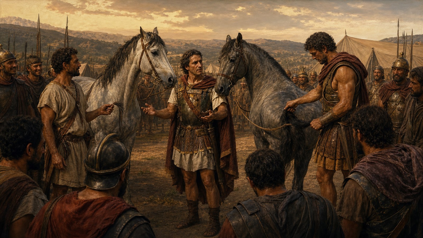 Sertorius stands between two calm horses while the two adult demonstrators show the assembled allied soldiers the contrast between one forceful pull and patient work by degrees.