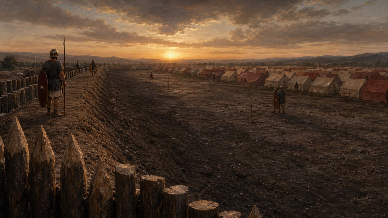 A wide horizontal view inside a Republican Roman marching camp at dusk shows the earthen rampart and timber palisade in the foreground, a broad two-hundred-foot empty strip, and orderly canvas tents beginning far behind it.
