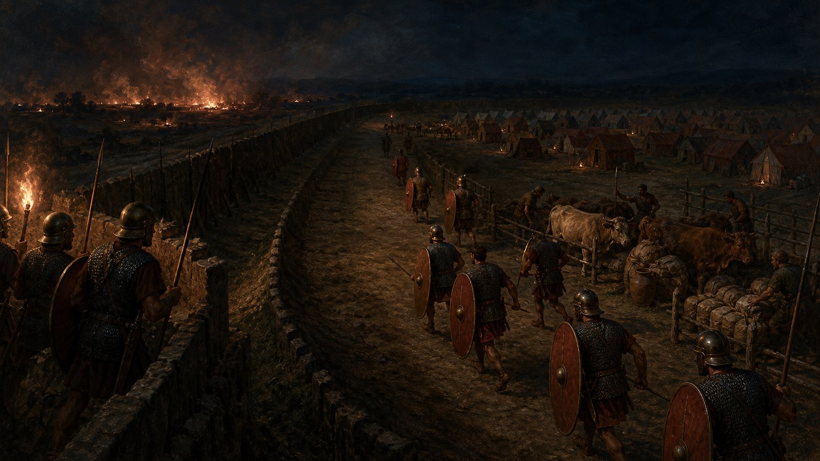 During a tense night alarm, generic Roman soldiers move quickly through the open strip behind the rampart while handlers secure cattle and stacked booty away from the tent rows, with distant firelight outside the palisade.