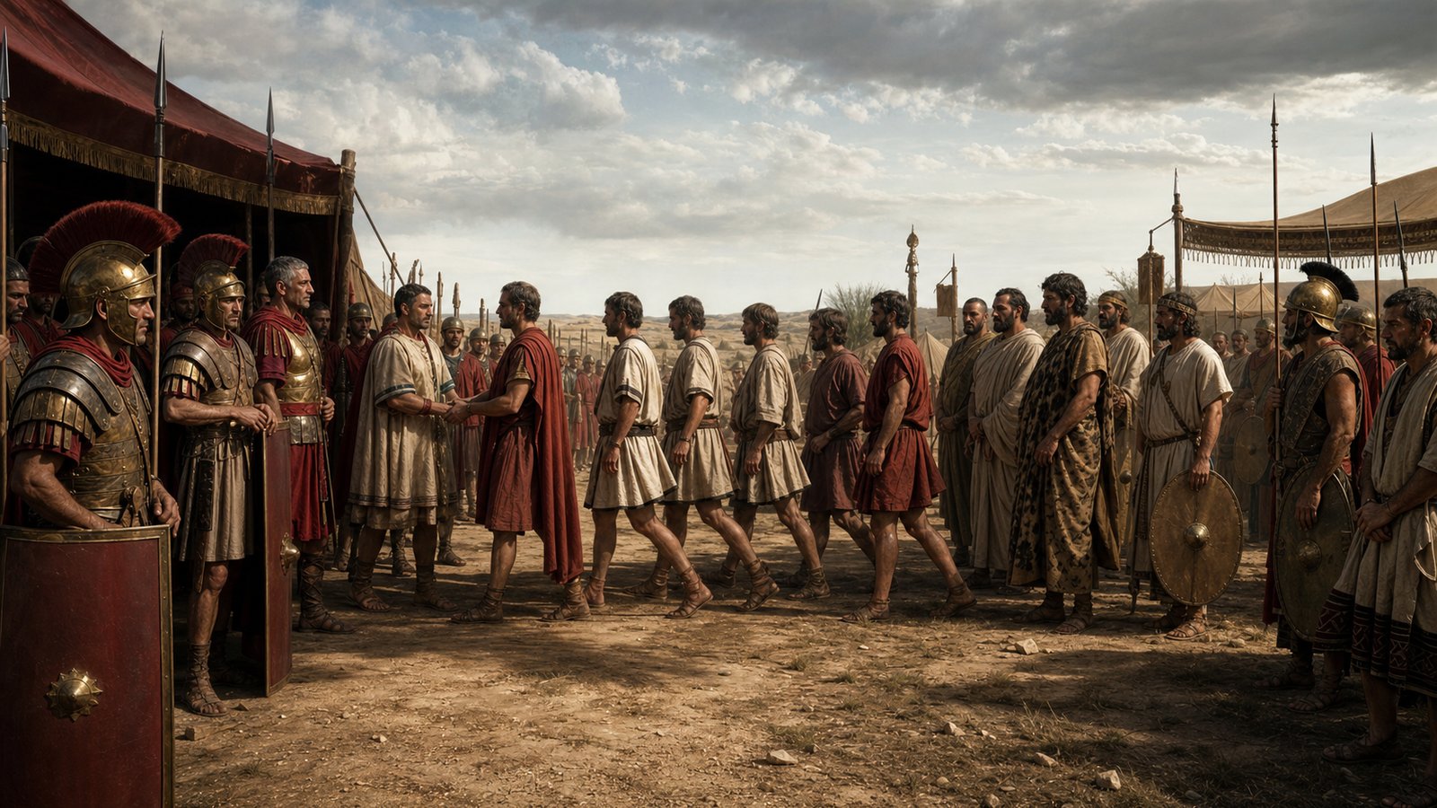 A Roman commander in a plain red military cloak stands beside a rural field boundary at dusk while his adult son receives a sealed property tablet; distant camp tents and olive rows suggest a private estate being converted into ransom, no readable writing, no coins, no logos, no famous likeness.