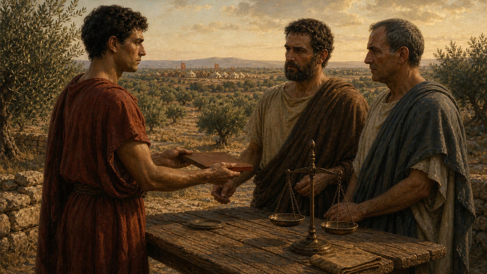 At the edge of an ancient military camp, Roman and Carthaginian officials count paired prisoners across an open lane while a smaller unmatched Roman group waits to one side; historically plausible armor and clothing, no battle, no readable standards, no text or emblems.