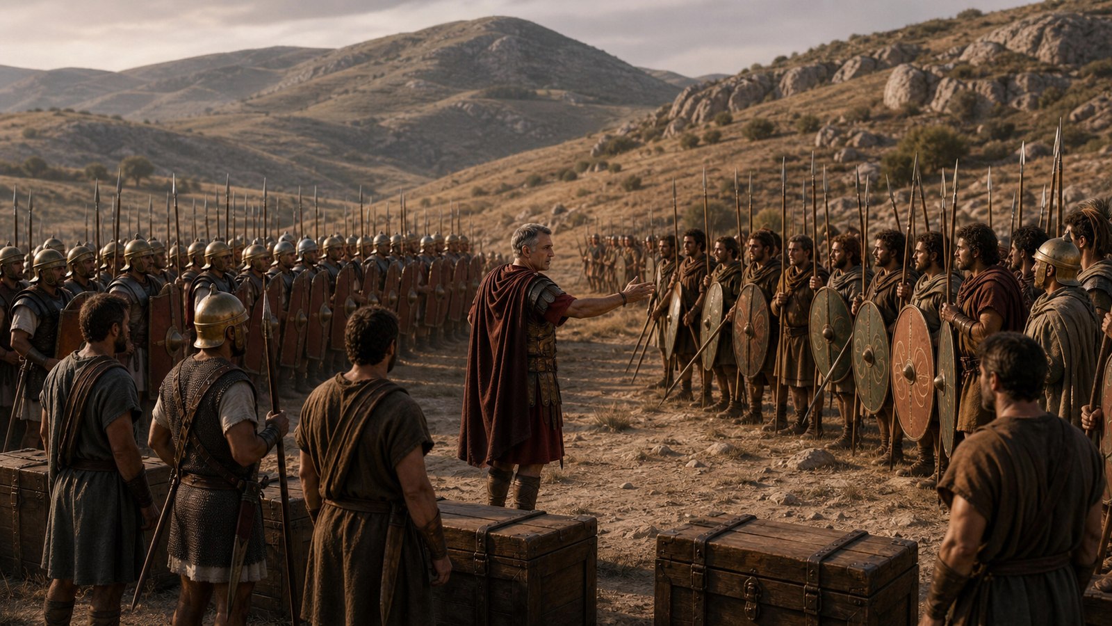 A tense Roman field council in ancient Spain: Cato the Elder in a plain commander’s cloak negotiates with adult Celtiberian envoys beside a campaign table holding blank wax tablets and balanced plain silver ingots, Roman officers visibly uneasy while allied warriors wait beyond, rugged Iberian landscape, cinematic realistic oil-painting, vertical 4:5, no text, numerals, standards, crests, fantasy armor, modern objects, or watermark.