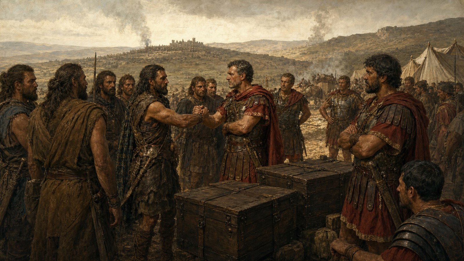 A wide coalition battle-preparation scene in ancient Iberia: Roman infantry and distinct Celtiberian allied warriors form separate but coordinated lines while quartermasters guard plain sealed chests intended for payment after victory, Cato directing terrain and timing rather than posing heroically, cinematic realistic oil-painting, horizontal 16:9, no text, inscriptions, logos, modern objects, pseudo-heraldry, or watermark.