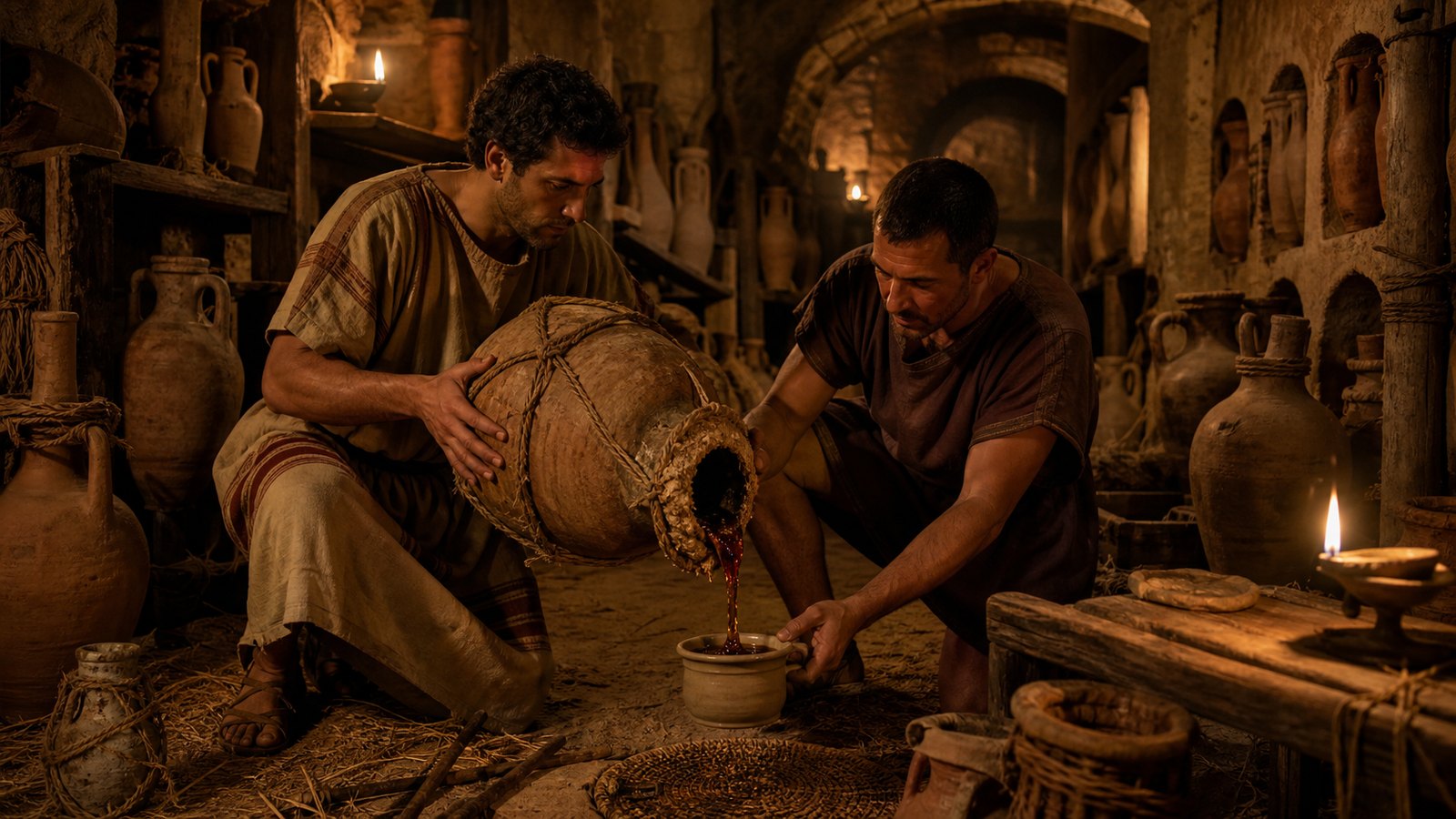 A sealed Roman wine amphora is opened in an elite cellar after generations, revealing a dark honey-thick residue under lamplight.