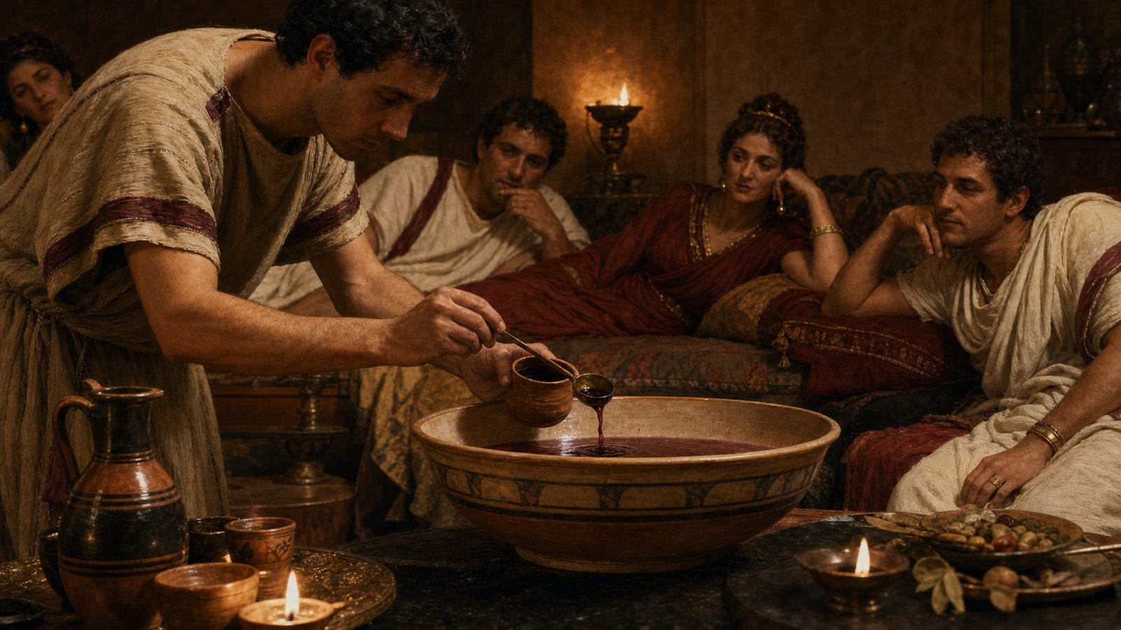 At a Roman banquet a steward measures one tiny spoon of ancient concentrated wine into a larger mixing bowl while guests watch.