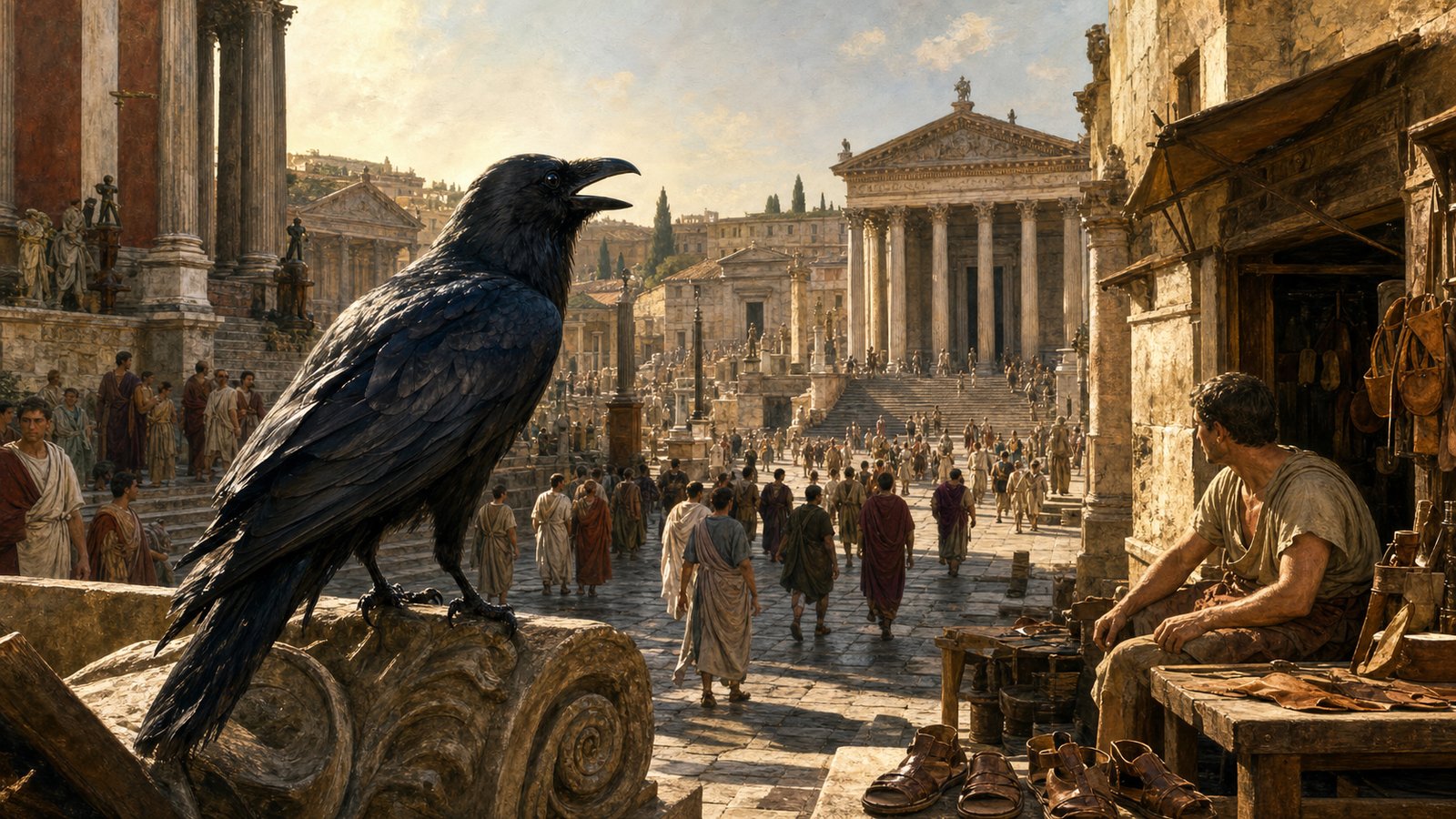 A vertical cinematic Roman Forum morning: a glossy black raven perched above a humble shoemaker workshop opposite the Temple of Castor, turning toward the Rostra as Tiberius-era citizens pause and smile; imperial figures are distant generic silhouettes, detailed leather shoes and tools, sacred architecture, no text, no inscriptions, no watermark.