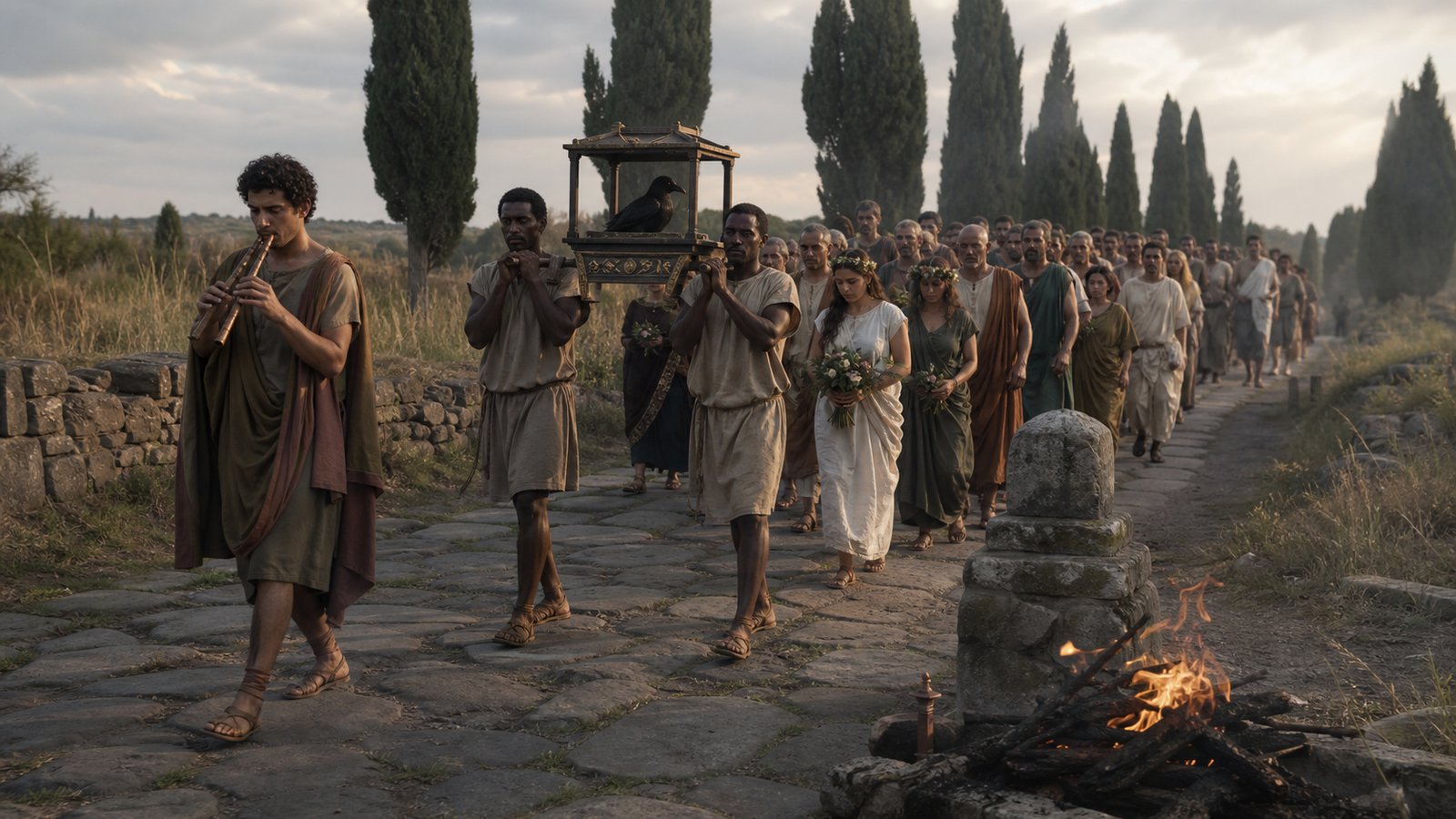 A wide cinematic view across the Roman Forum: a trained raven on the Rostra greets passing citizens while a shoemaker watches from his open workshop opposite the Temple of Castor; Tiberius, Germanicus and Drusus appear only as distant generic officials among attendants, warm morning routine, no readable writing, no logos, no watermark.
