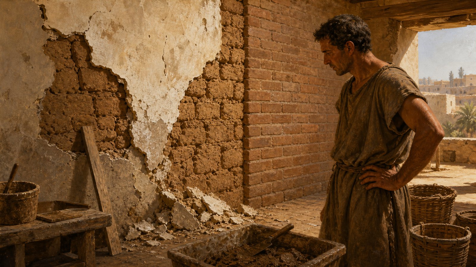 In a North African brick yard, a civic magistrate examines one sun-dried clay brick while workers stand beside orderly stacks at different stages of aging, making Utica’s five-year quality rule visible.
