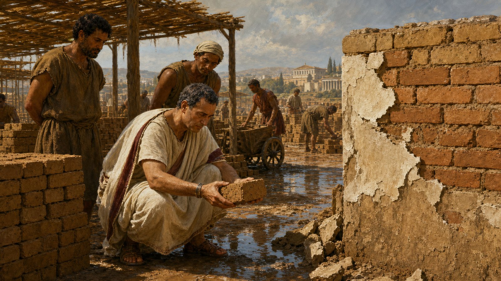 A Roman builder studies cracked plaster separating from a still-shrinking mud-brick wall, with an intact aged-brick wall nearby showing the material failure Vitruvius wanted builders to prevent.