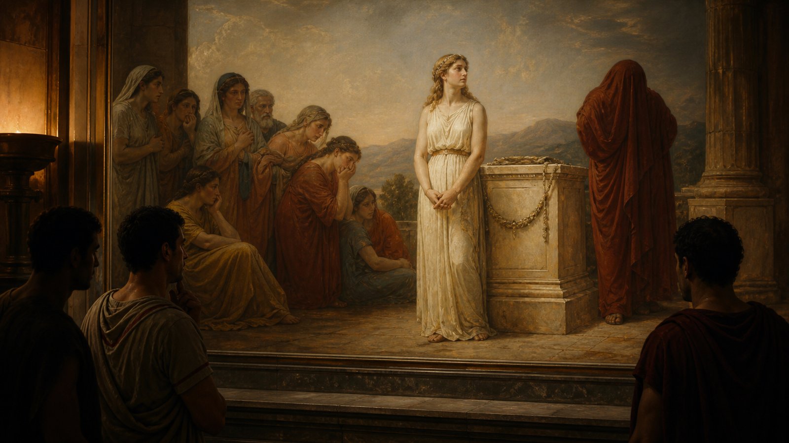 Timanthes’s lost composition reconstructed as a solemn ancient panel: Iphigenia at the altar, mourners arranged in rising grief, and her father turned aside with his face hidden beneath a plain cloak.