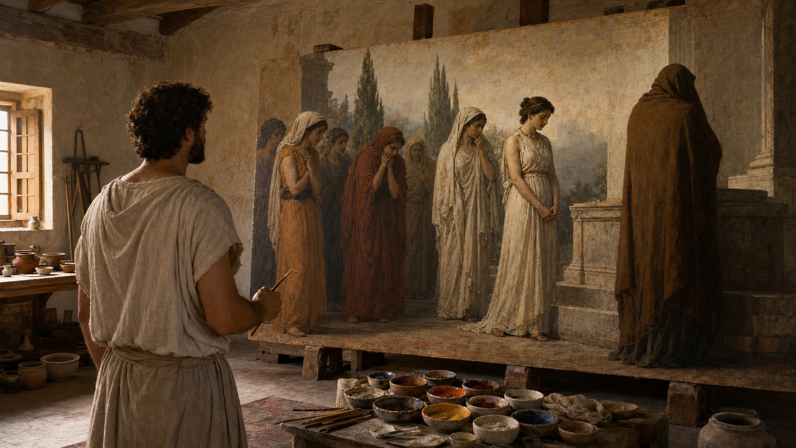 A Roman-era viewer studies a painted sacrificial scene by lamplight, moving from visible mourning faces toward the single veiled figure whose concealed expression completes the emotional sequence.