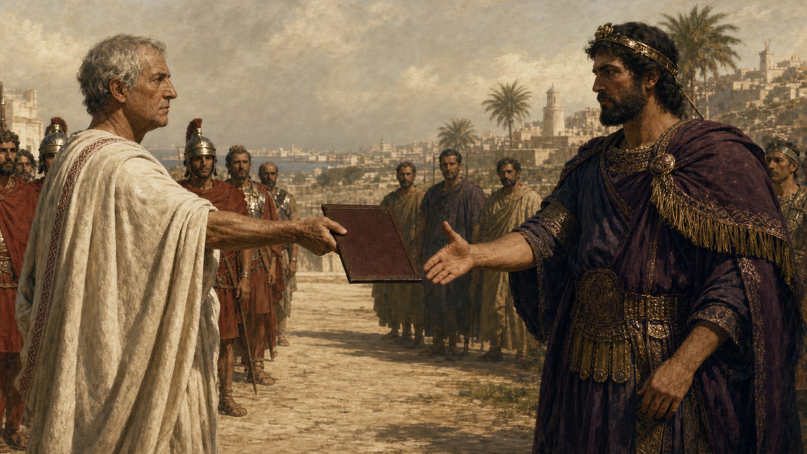 On a dusty road outside Hellenistic Alexandria, an older Roman envoy in a plain white toga uses a simple vinewood staff to draw a complete circle around a richly dressed but fictional Seleucid king who holds an unmarked wax tablet; restrained escorts watch at a distance, tense late-afternoon light, historically plausible 2nd-century BCE clothing, no readable text, no symbols, no famous likenesses.
