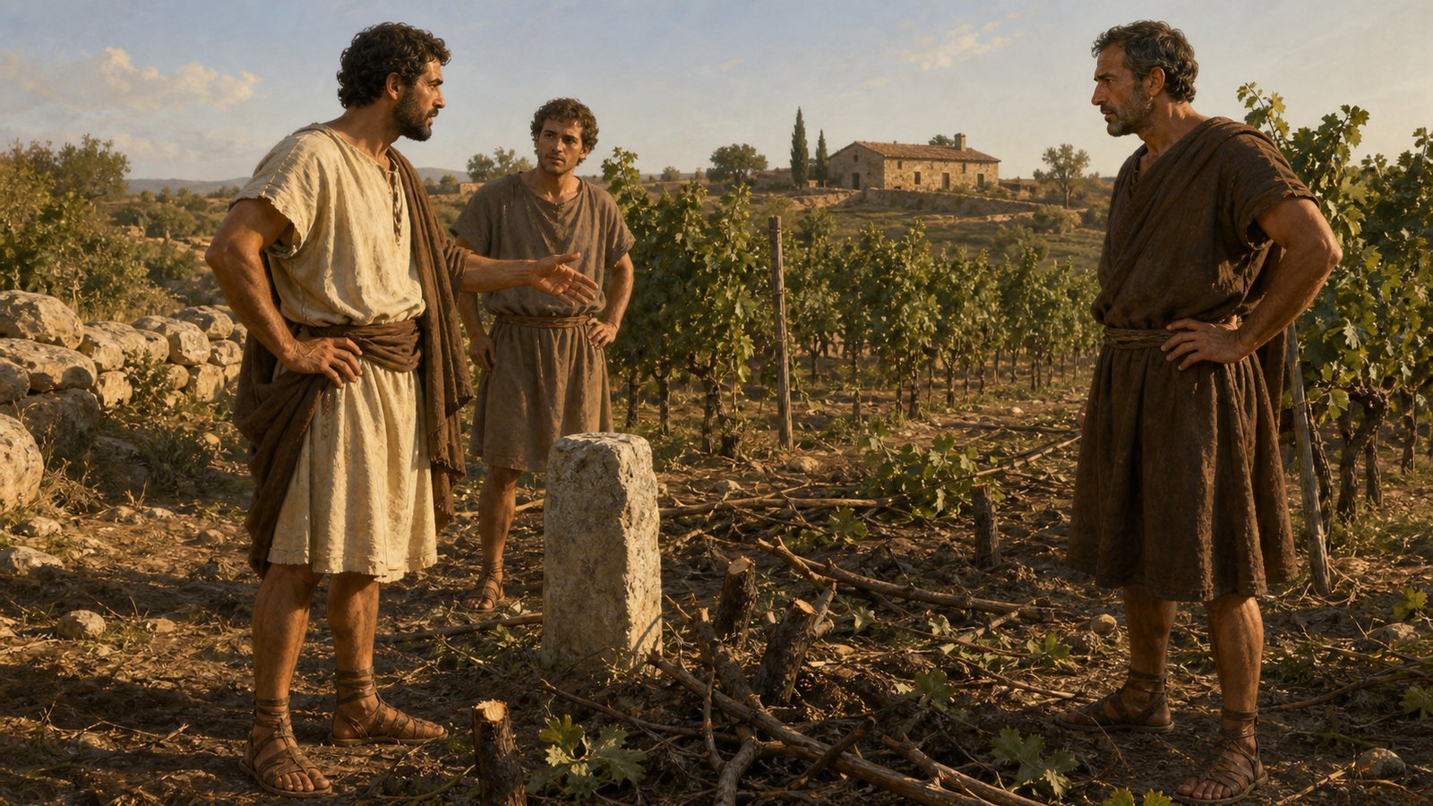 In an early Roman court, a claimant gestures toward several neatly cut grapevines while a magistrate and witnesses listen closely to the formal words of his action, the legal mistake turning on speech rather than the damaged plants.