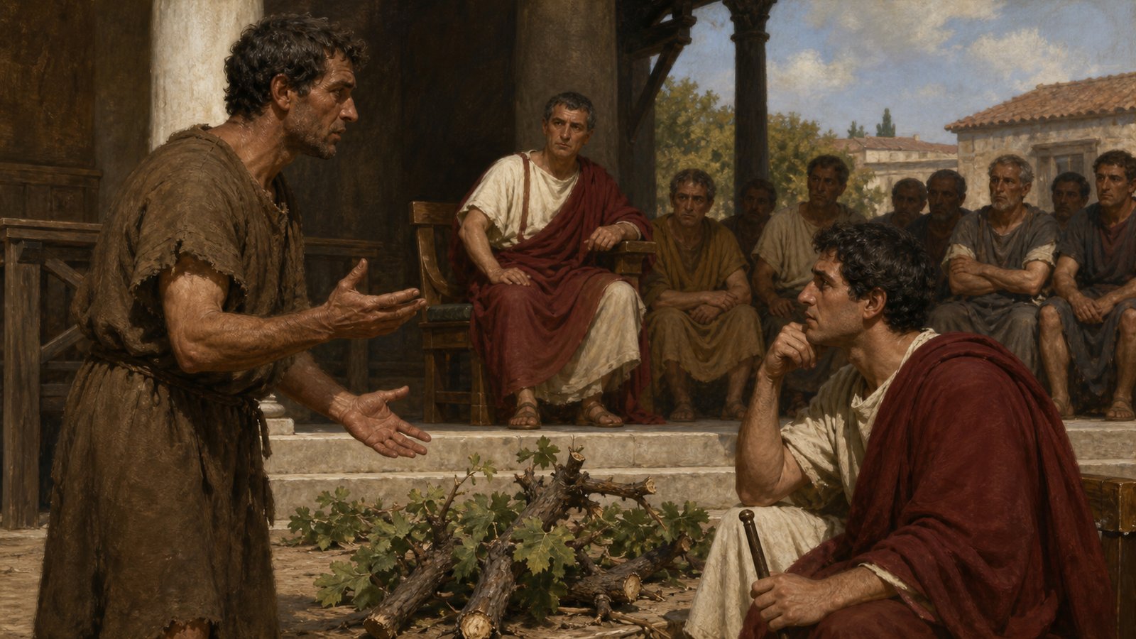On a modest Roman farm, severed grapevines lie beside living rows while two disputants inspect the cut trunks and boundary, showing the concrete loss that rigid courtroom wording prevented the judge from reaching.