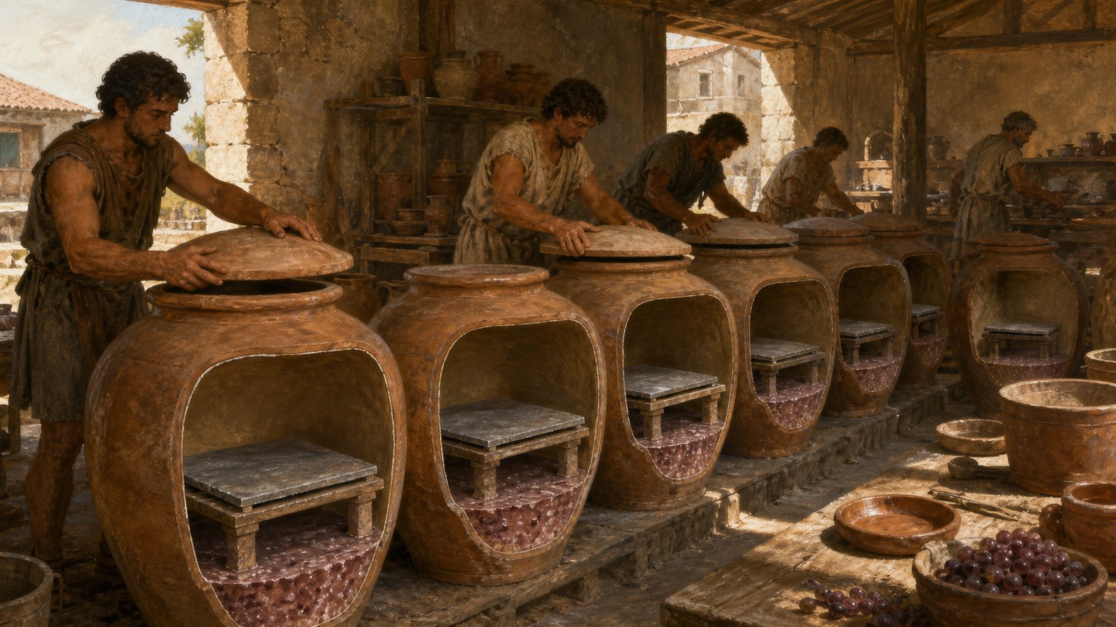 Inside a Roman pigment workshop, thin plain lead sheets rest on supports above vinegar in rows of wide ceramic jars while workers seal the vessels with simple lids, keeping metal out of the liquid but inside its vapor.