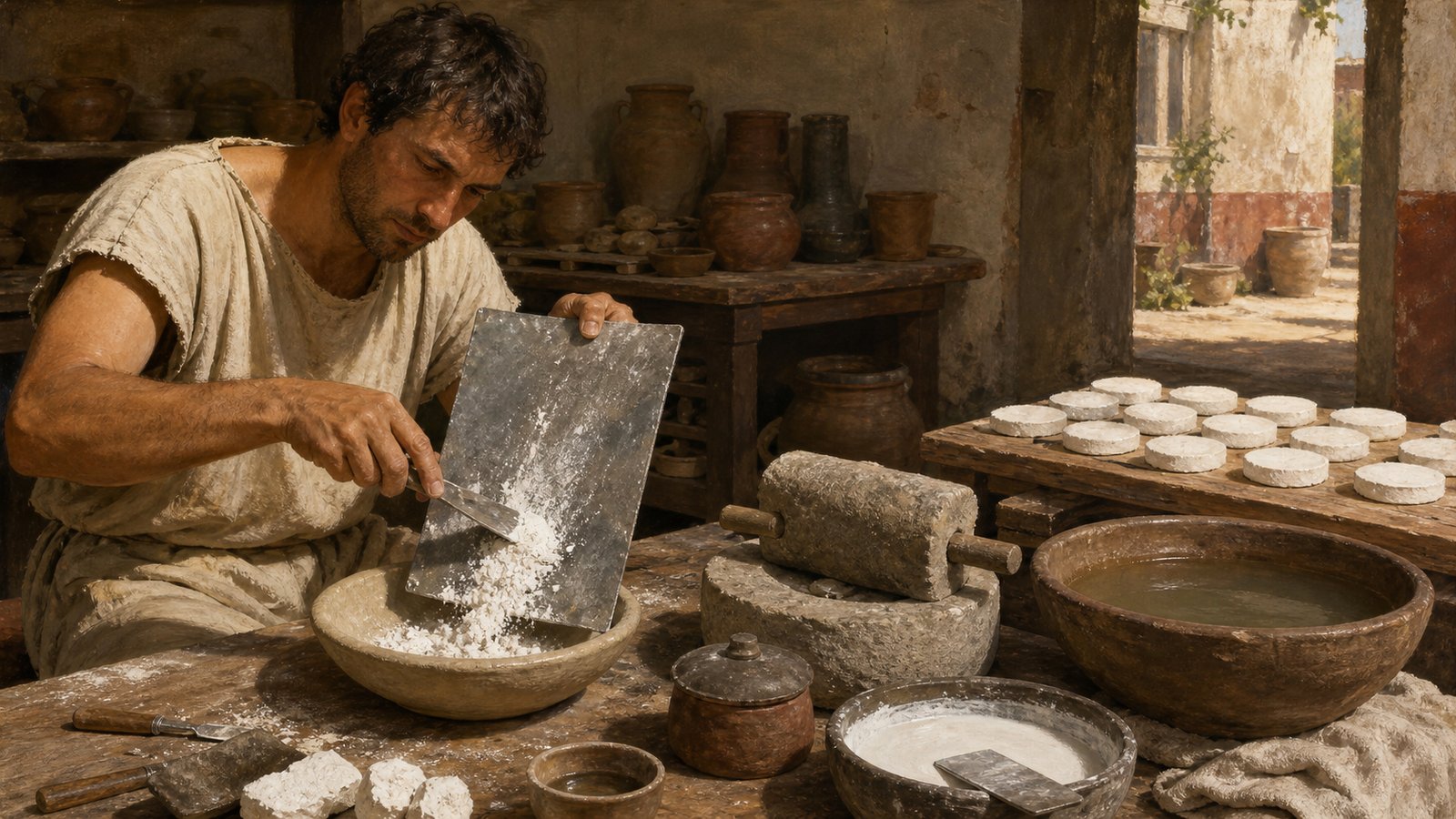At a stone workbench, an ancient craftsperson scrapes a chalky white corrosion layer from a dull lead sheet into a shallow bowl beside washed pigment cakes, a hand mill, and sealed production jars.