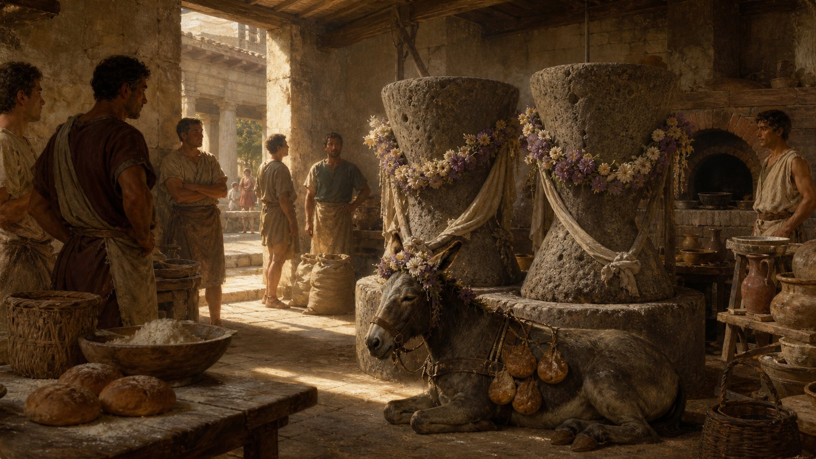 Ovid describes loaves hanging from wreath-decked asses while flower garlands covered the rough millstones during Vesta’s holiday.