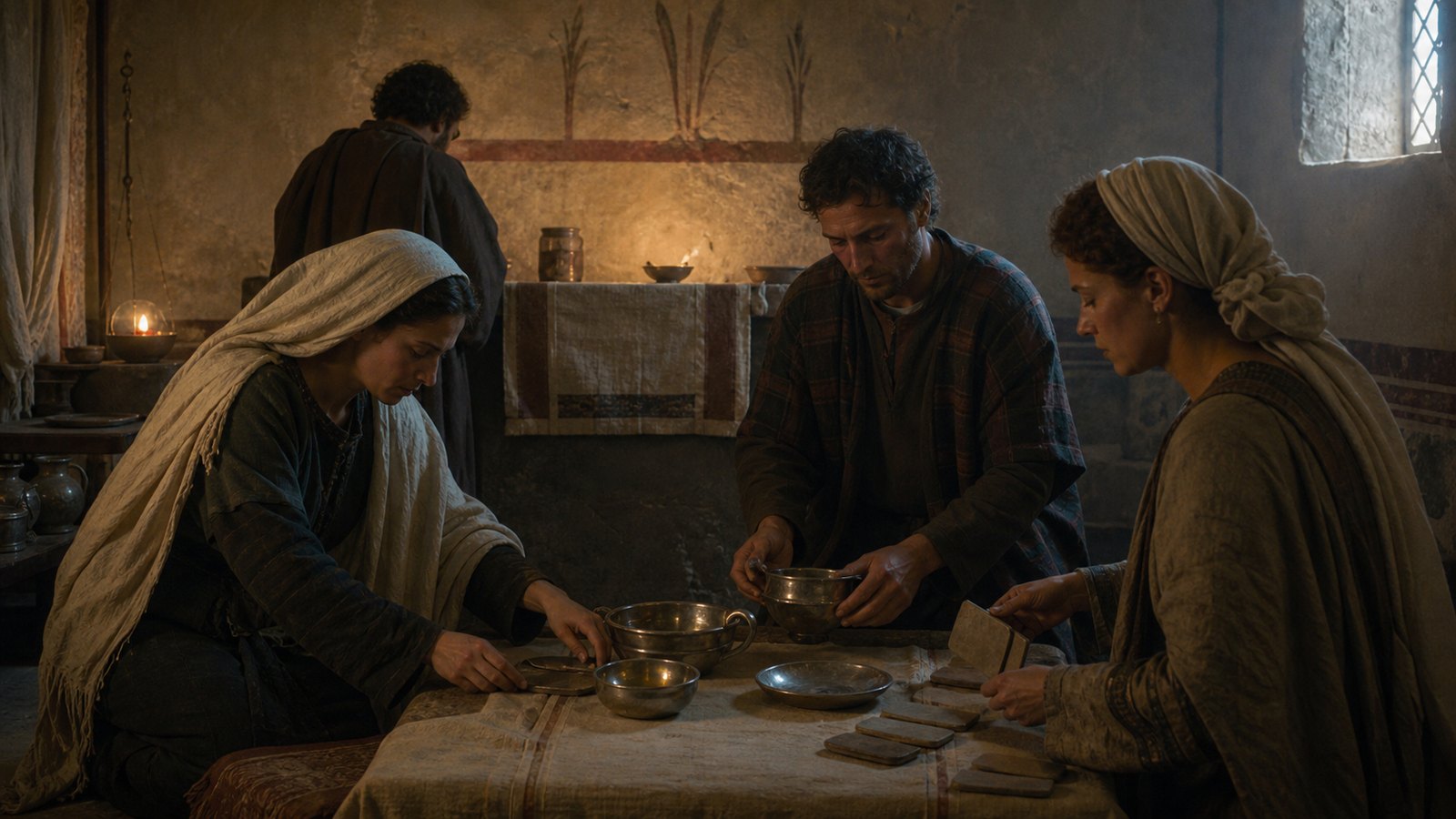 A wide cinematic archaeological reconstruction of late Roman Durobrivae in Britain: several anonymous local Christians quietly arrange a shallow silver dish, bowls, a two-handled cup and a cluster of thin votive plaques on a plain cloth beside a modest interior altar, with the plaques shown edge-on or reversed so there are absolutely no readable marks or symbols; subdued lamp and window light, Roman-period walls and clothing, emotionally restrained, realistic oil-painting style, no text, no logos, no watermark, no modern objects.
