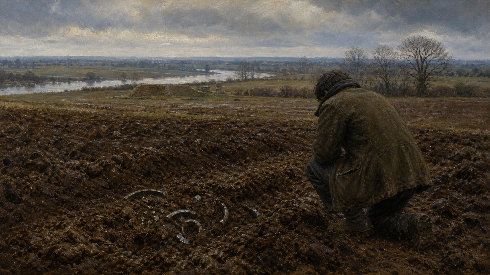 A wide February field scene near the River Nene in 1975 without identifiable faces: a plough has exposed bent darkened silver fragments in damp brown soil while an archaeologically careful finder kneels nearby without cleaning them; in the middle distance the low earthworks of Roman Durobrivae sit beneath a cold sky, cinematic realistic oil-painting, accurate agricultural context, no readable machinery brand, no text, no symbols, no watermark.