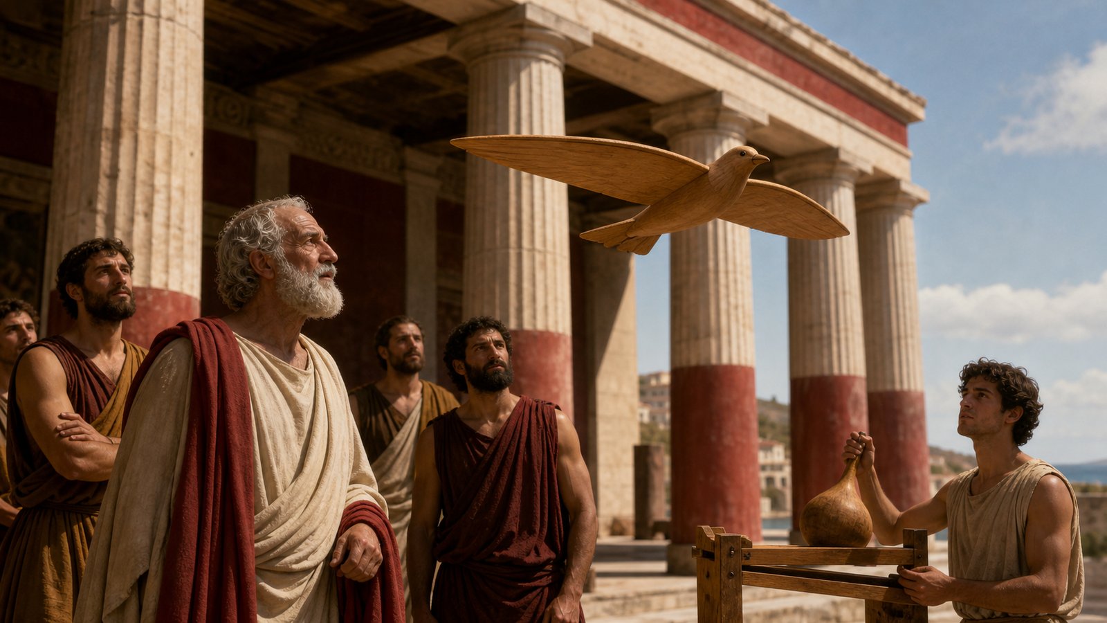 In a sunlit fourth-century BCE Greek workshop at Tarentum, Archytas and two assistants prepare a lifelike but clearly wooden dove on a simple launch frame, with small bronze counterweights and a concealed air chamber suggested by opened wooden components on the bench, no writing, diagrams, symbols, or modern machinery.