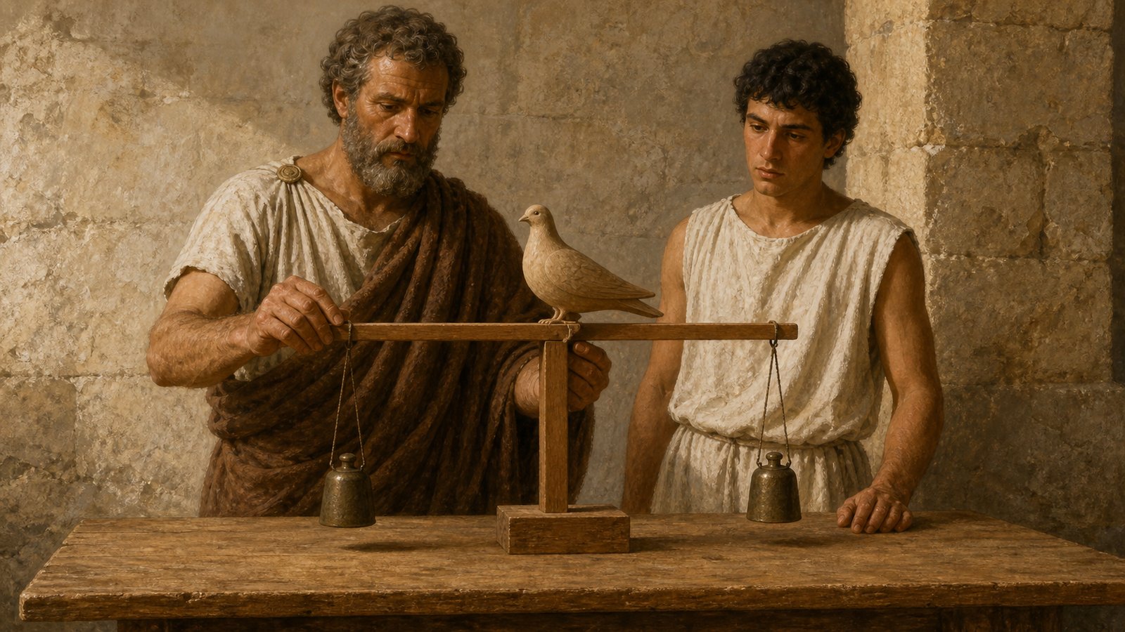 A wide outdoor test beside a Greek colonnade, a wooden mechanical dove gliding just above attentive observers while an assistant holds the emptied launch apparatus below, emphasizing one controlled flight rather than fantasy, no text, magical glow, feathers mistaken for a real bird, or modern objects.
