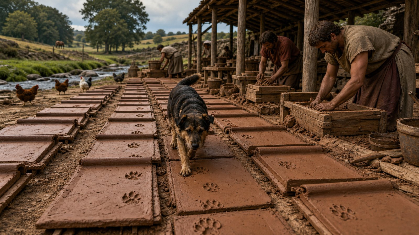 Rows of wet tiles exposed the Roman workshop to dogs, birds and livestock while the clay dried before firing.