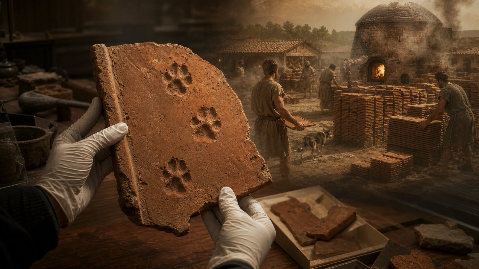 Fired paw impressions let a museum fragment carry evidence from the open tilery into the archaeological collection.