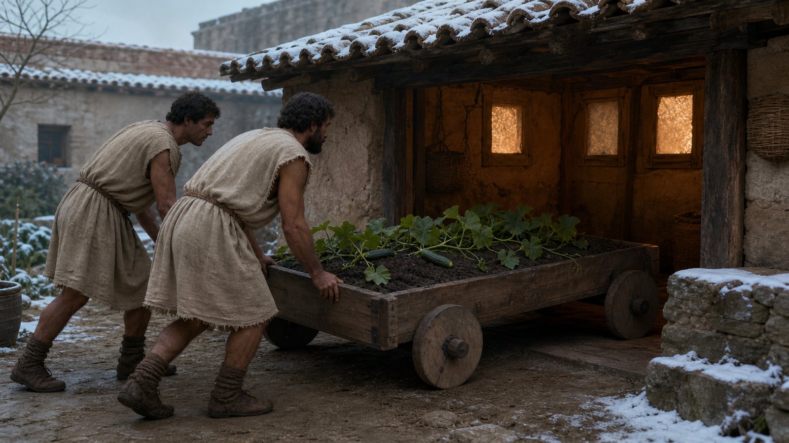 Roman gardeners roll low wooden cucumber frames across a sunlit imperial kitchen garden, with Tiberius’s daily crop growing in soil-filled beds and no modern glass or machinery.