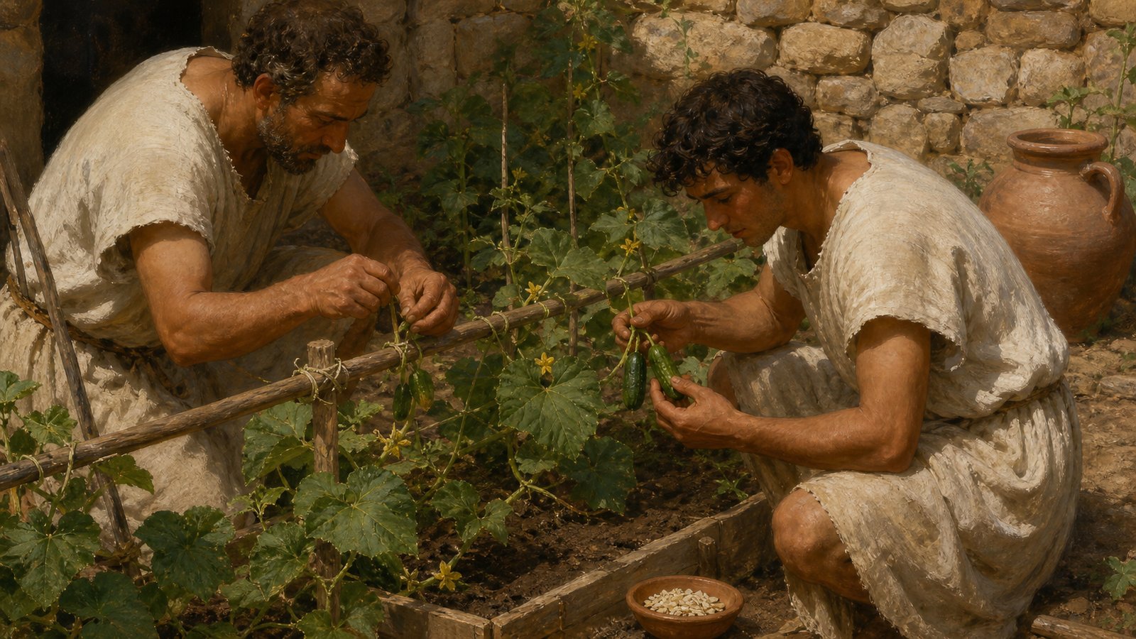 At winter dusk, workers guide the wheeled cucumber beds beneath a simple shelter closed with pale translucent mirror-stone panels, preserving the plants from cold.