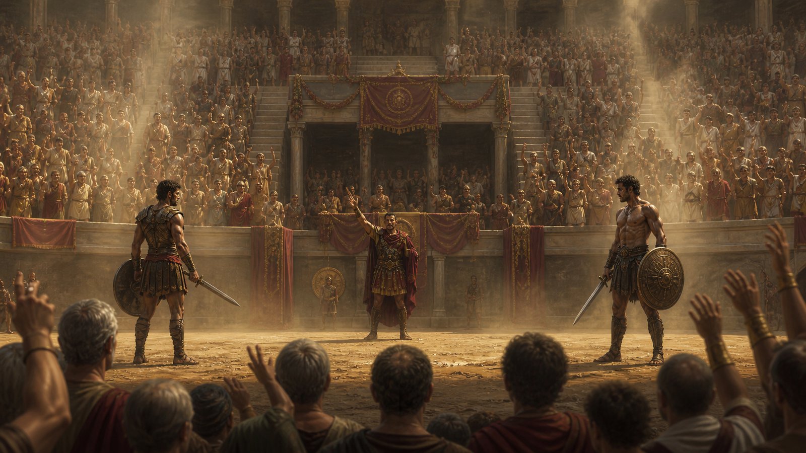 Priscus and Verus pause in an evenly matched arena contest as the Roman crowd raises its hands and demands release for both fighters.