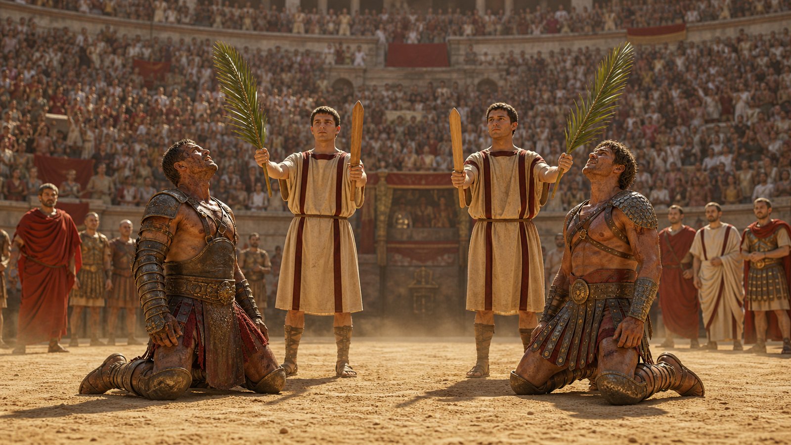 An imperial attendant presents a palm and plain wooden rudis to each kneeling gladiator while both men receive the same verdict.