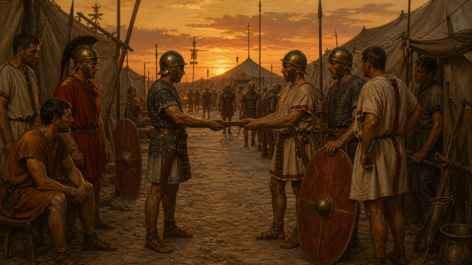 Polybius says the written watchword moved from each tenth maniple toward the first, with witnesses and marks recording every handover before the tablets returned to the tribunes.
